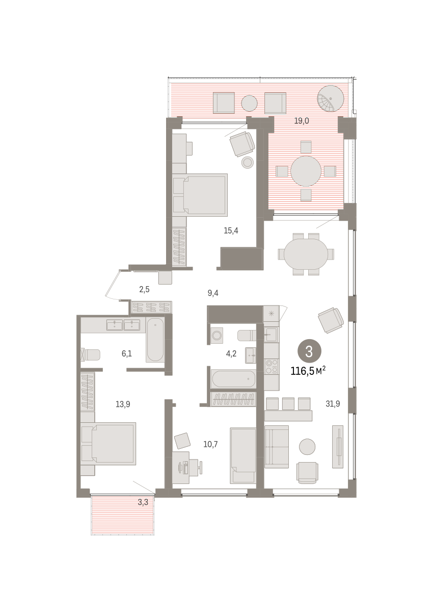 3-комнатная 116 м2 в ЖК Речной порт корпус null этаж 8