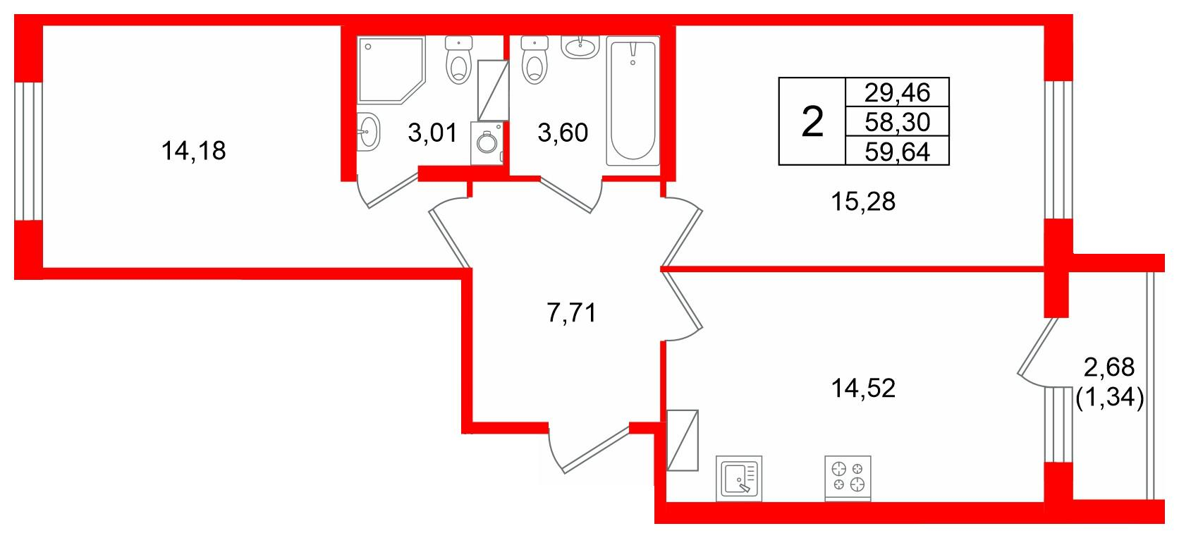 2-комнатная 59 м2 в ЖК Квартал Заречье корпус null этаж 3