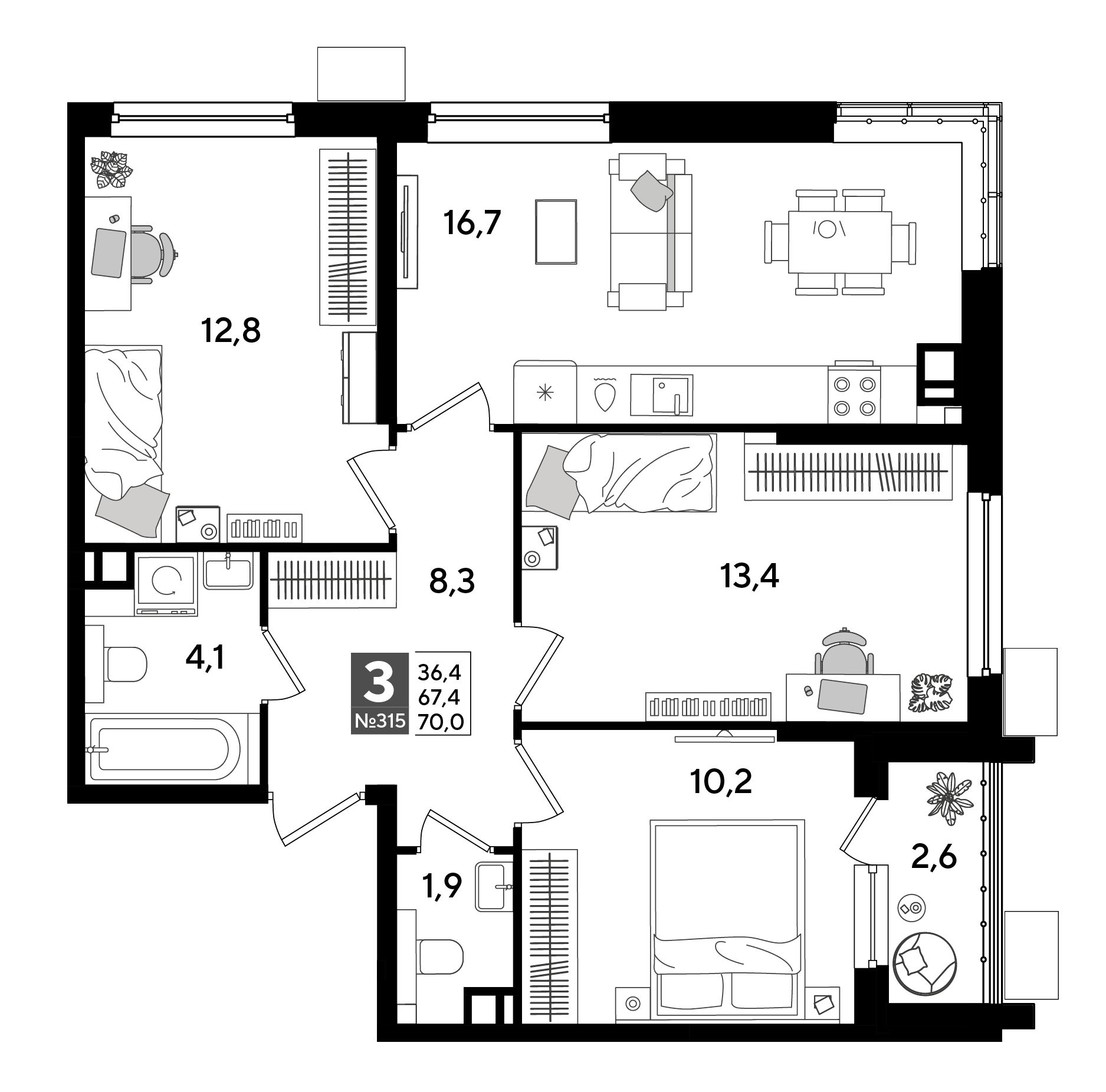 3-комнатная 70 м2 в ЖК Dogma Park корпус null этаж 5