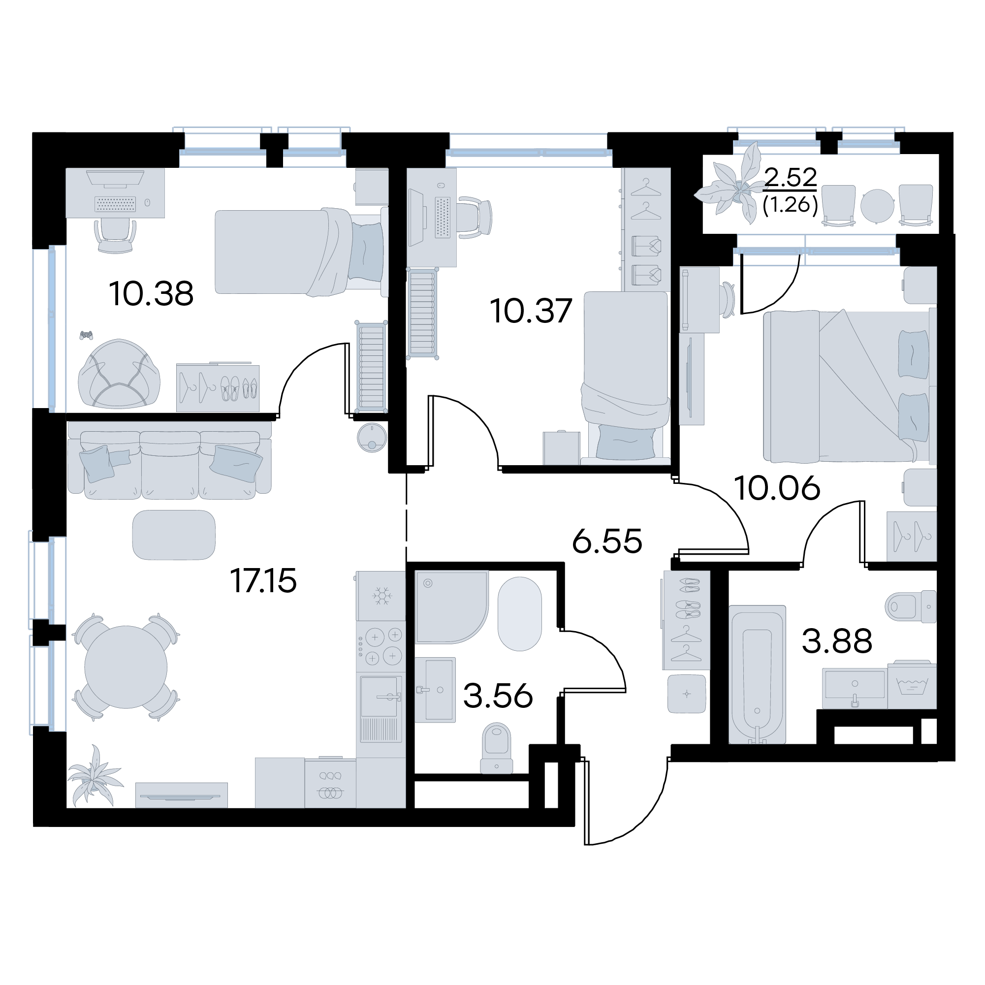 3-комнатная 63 м2 в ЖК GloraX Октябрьский корпус null этаж 3