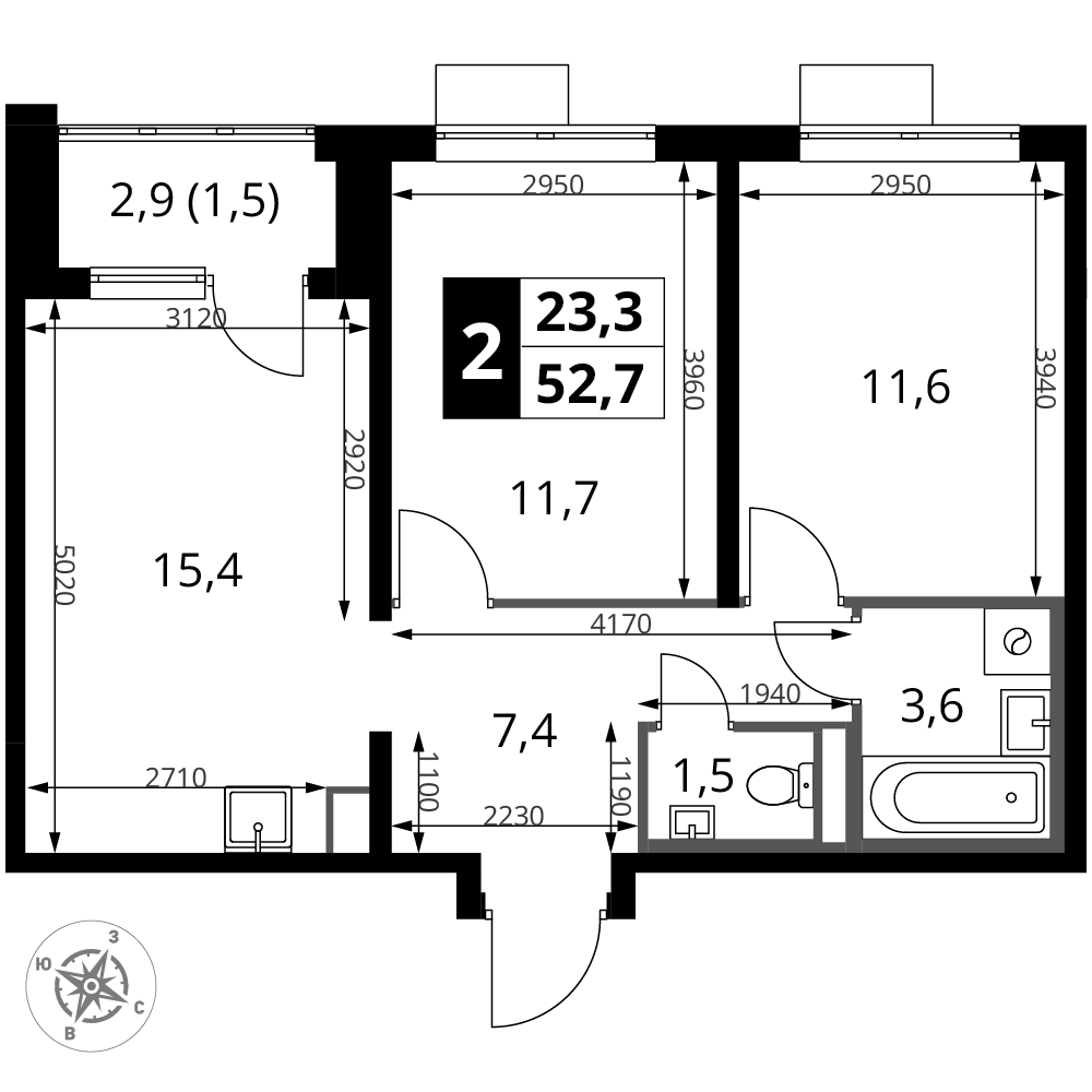 2-комнатная 52 м2 в ЖК 1-й Донской корпус null этаж 6