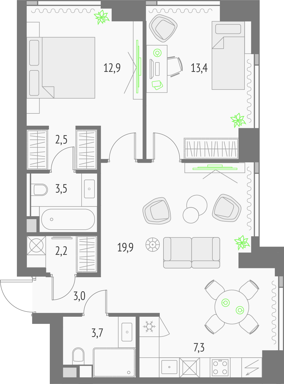 2-комнатная 69 м2 в ЖК Апсайд Тауэрс корпус null этаж 5