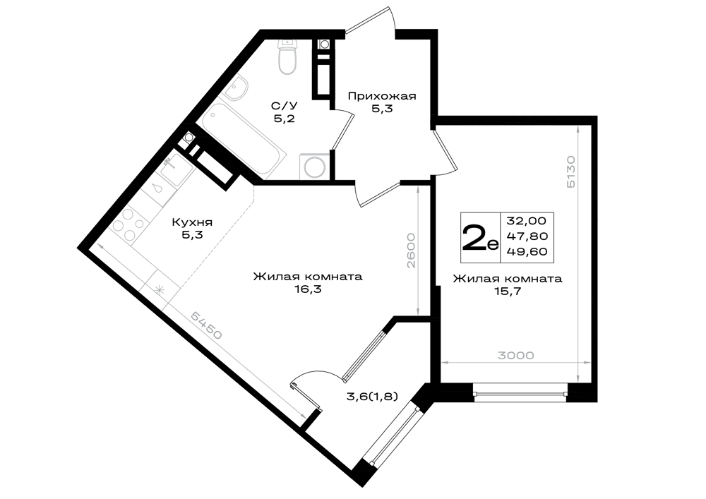 2-комнатная 49 м2 в ЖК Придонье корпус null этаж 6