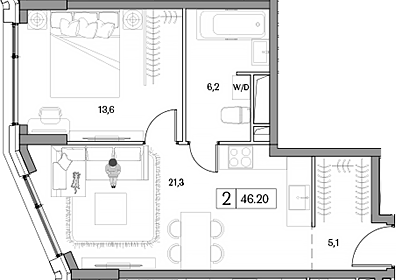 2-комнатная 46.7 м2 в ЖК undefined корпус null этаж 22