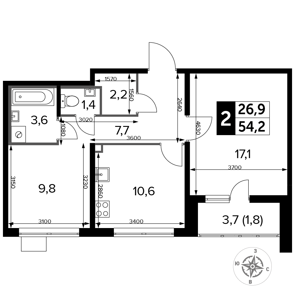 2-комнатная 54 м2 в ЖК 1-й Лермонтовский корпус null этаж 5