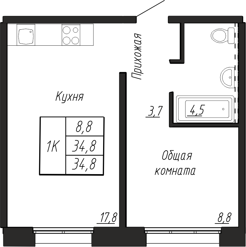 1-комнатная 34 м2 в ЖК Сибирь корпус null этаж 1