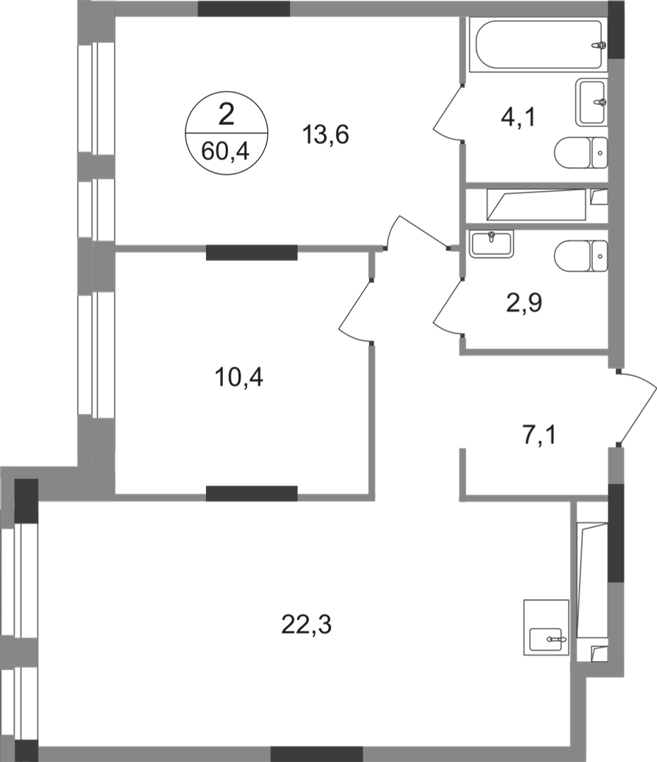 2-комнатная 60 м2 в ЖК Первый Московский корпус null этаж 7