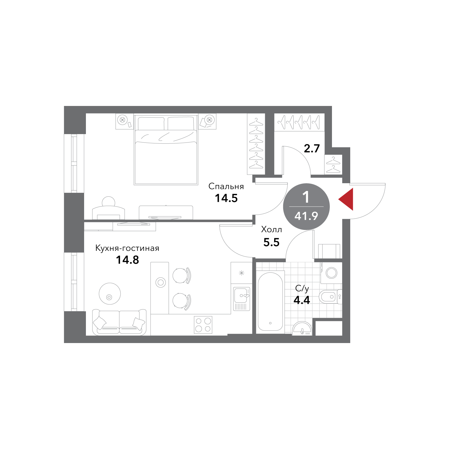 1-комнатная 41 м2 в ЖК Voxhall корпус null этаж 5