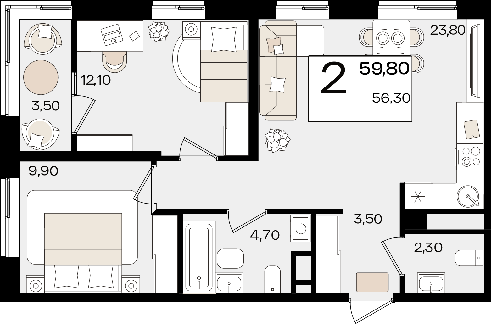 2-комнатная 59 м2 в ЖК Патрики корпус null этаж 2