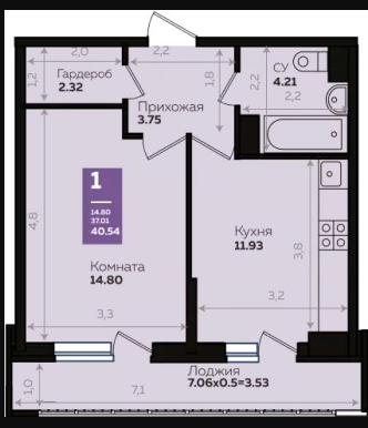 1-комнатная 37.1 м2 в ЖК undefined корпус null этаж 20