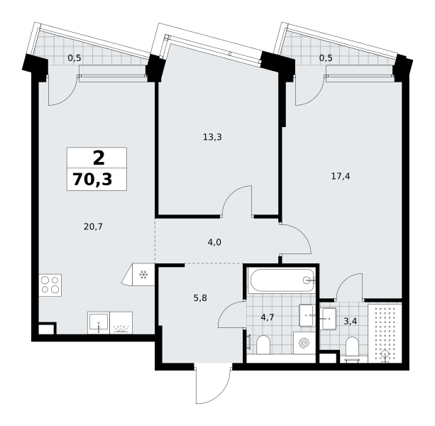 2-комнатная 70 м2 в ЖК Хольм корпус null этаж 2