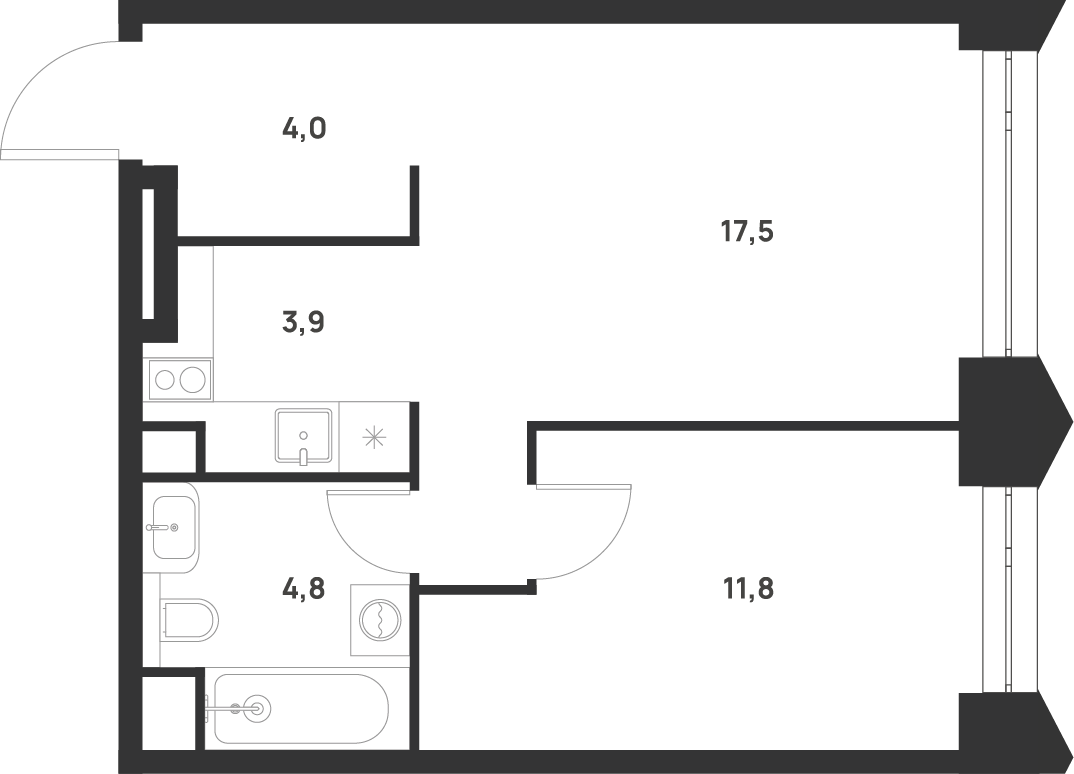 1-комнатная 42 м2 в ЖК Voice Towers корпус null этаж 24