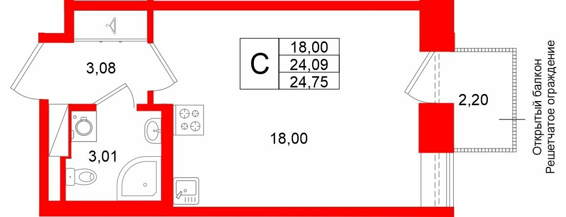 Студия 24 м2 в ЖК Аристократ корпус null этаж 7