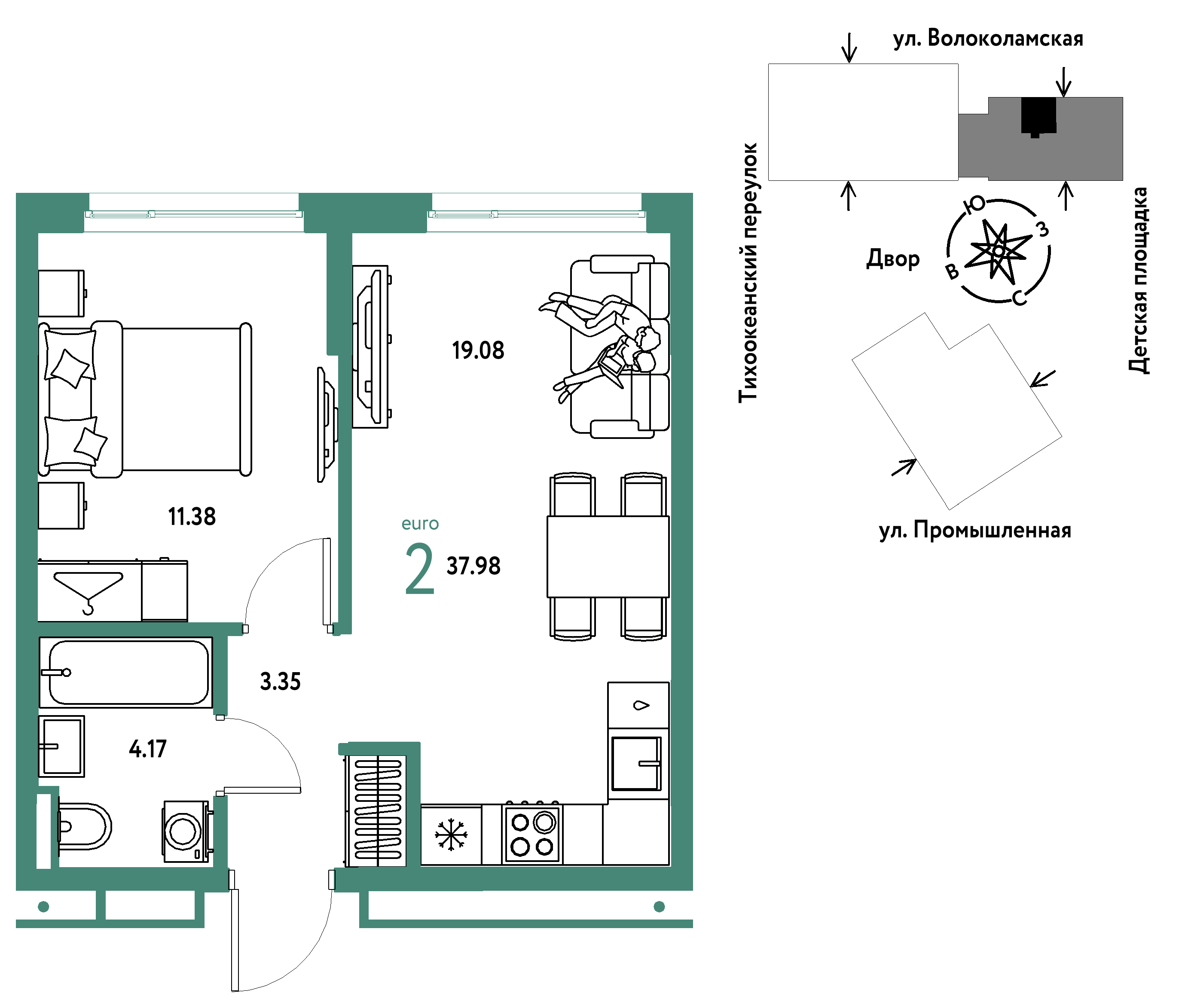2-комнатная 37 м2 в ЖК Страна.Прибрежная корпус null этаж 8
