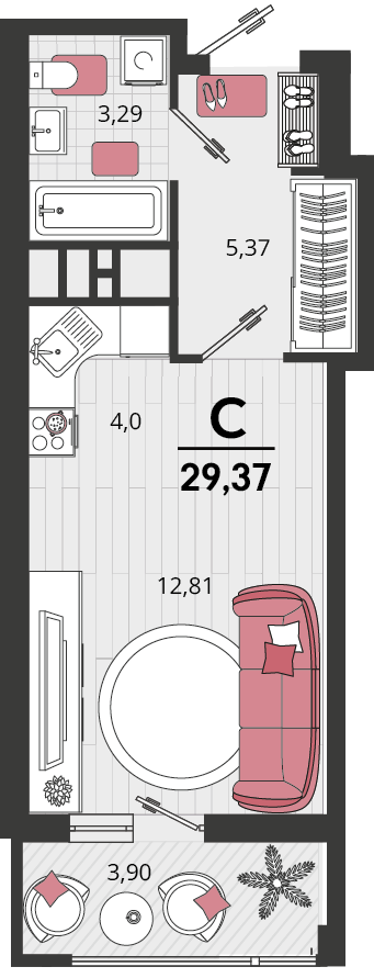 1-комнатная 28 м2 в ЖК Родные просторы корпус null этаж 13