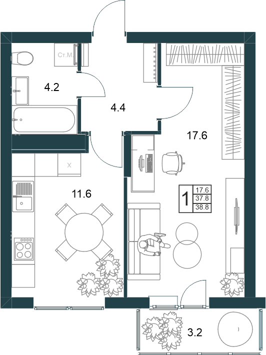 1-комнатная 38.8 м2 в ЖК undefined корпус null этаж 18