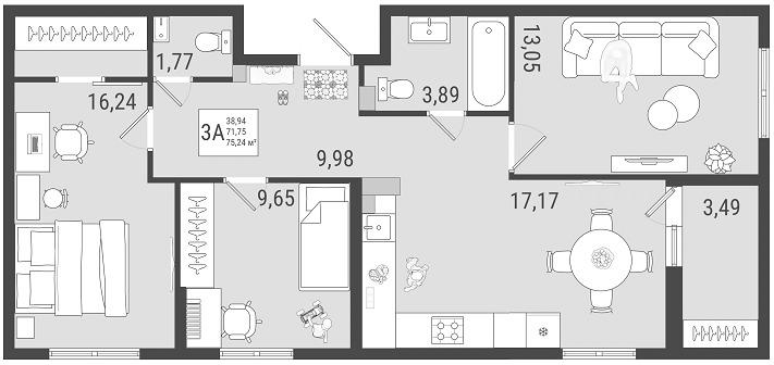 3-комнатная 73 м2 в ЖК Юго-Западный корпус null этаж 8