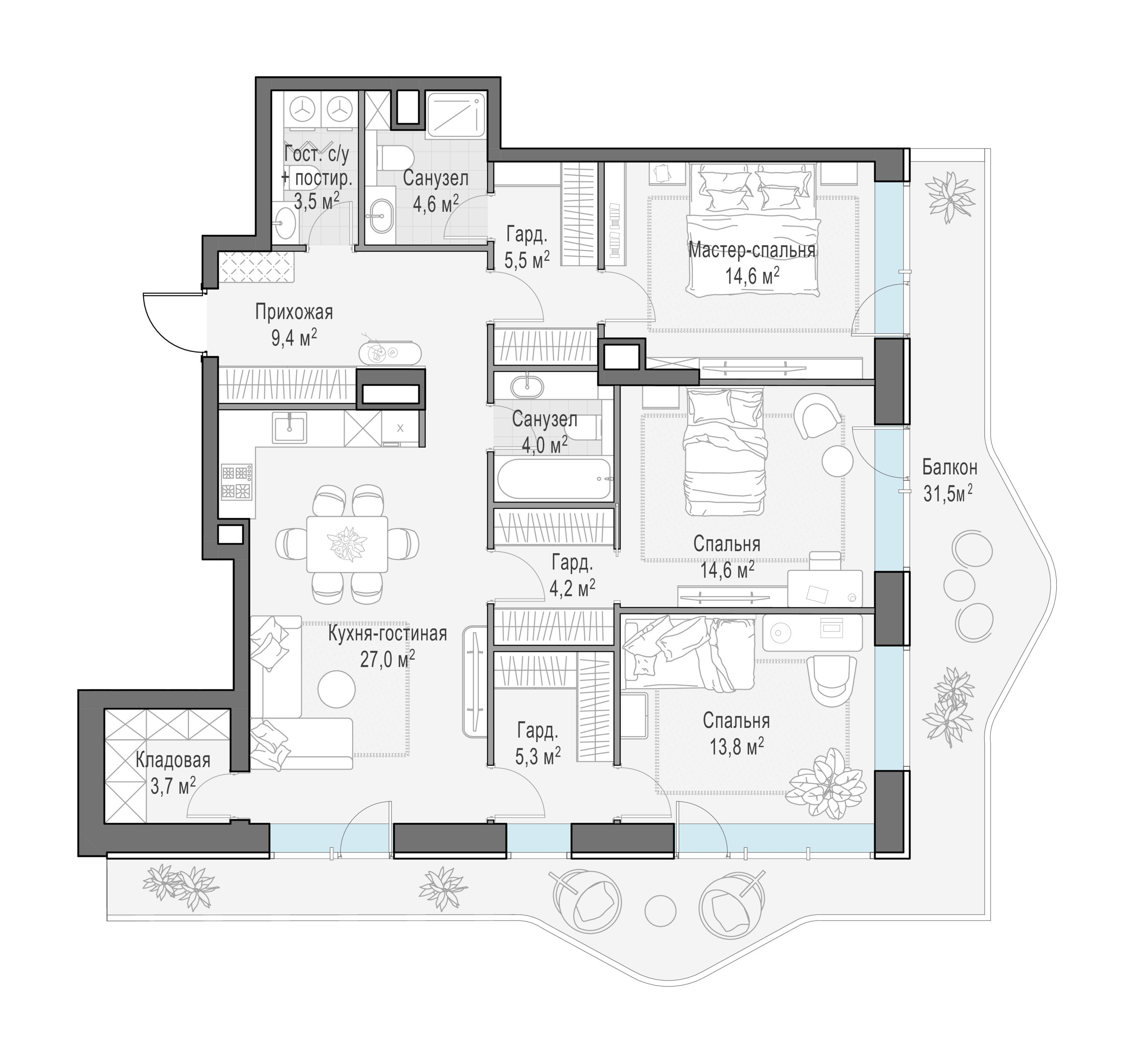 4-комнатная 119 м2 в ЖК Квартал Foriver корпус null этаж 19