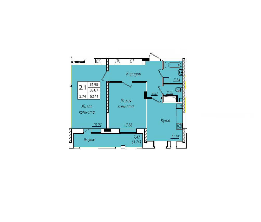 2-комнатная 62 м2 в ЖК Николаевский парк корпус null этаж 13