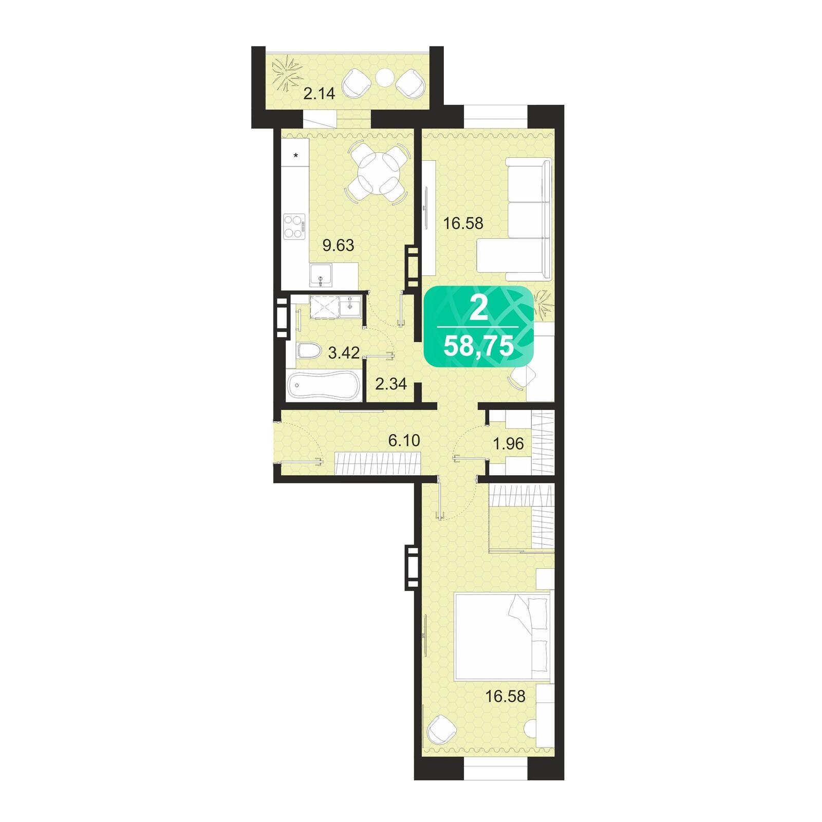 2-комнатная 58 м2 в ЖК Серебряный бор корпус null этаж 7