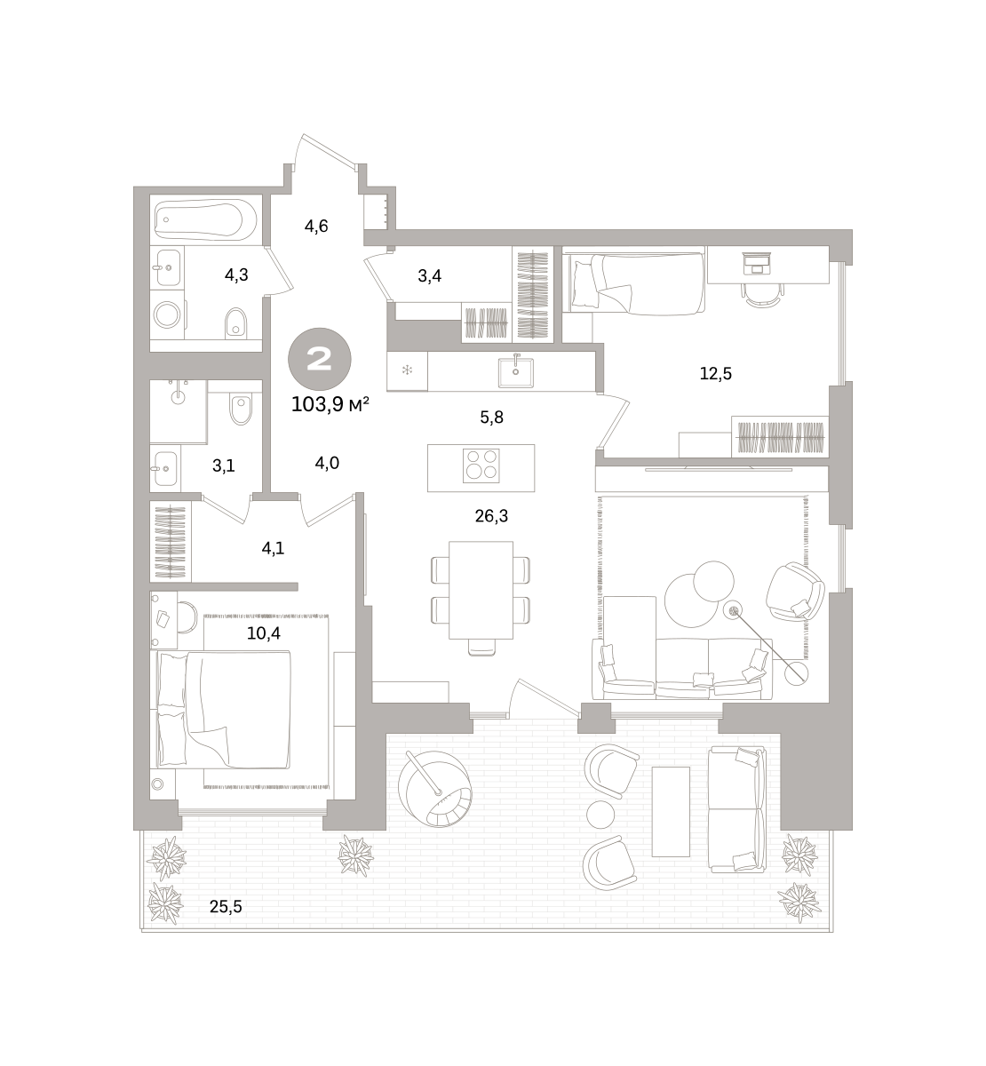 2-комнатная 103 м2 в ЖК Северный ветер корпус null этаж 2