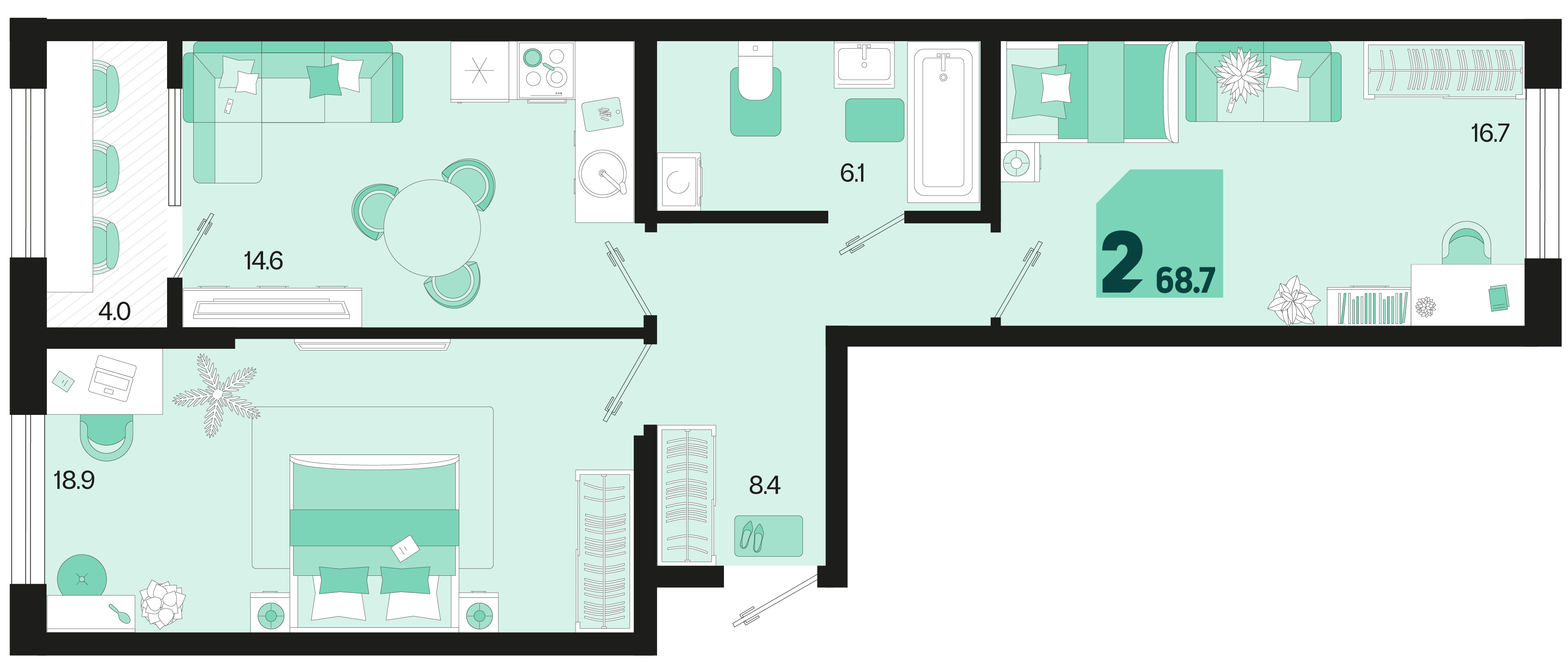2-комнатная 68 м2 в ЖК Первое место корпус null этаж 2