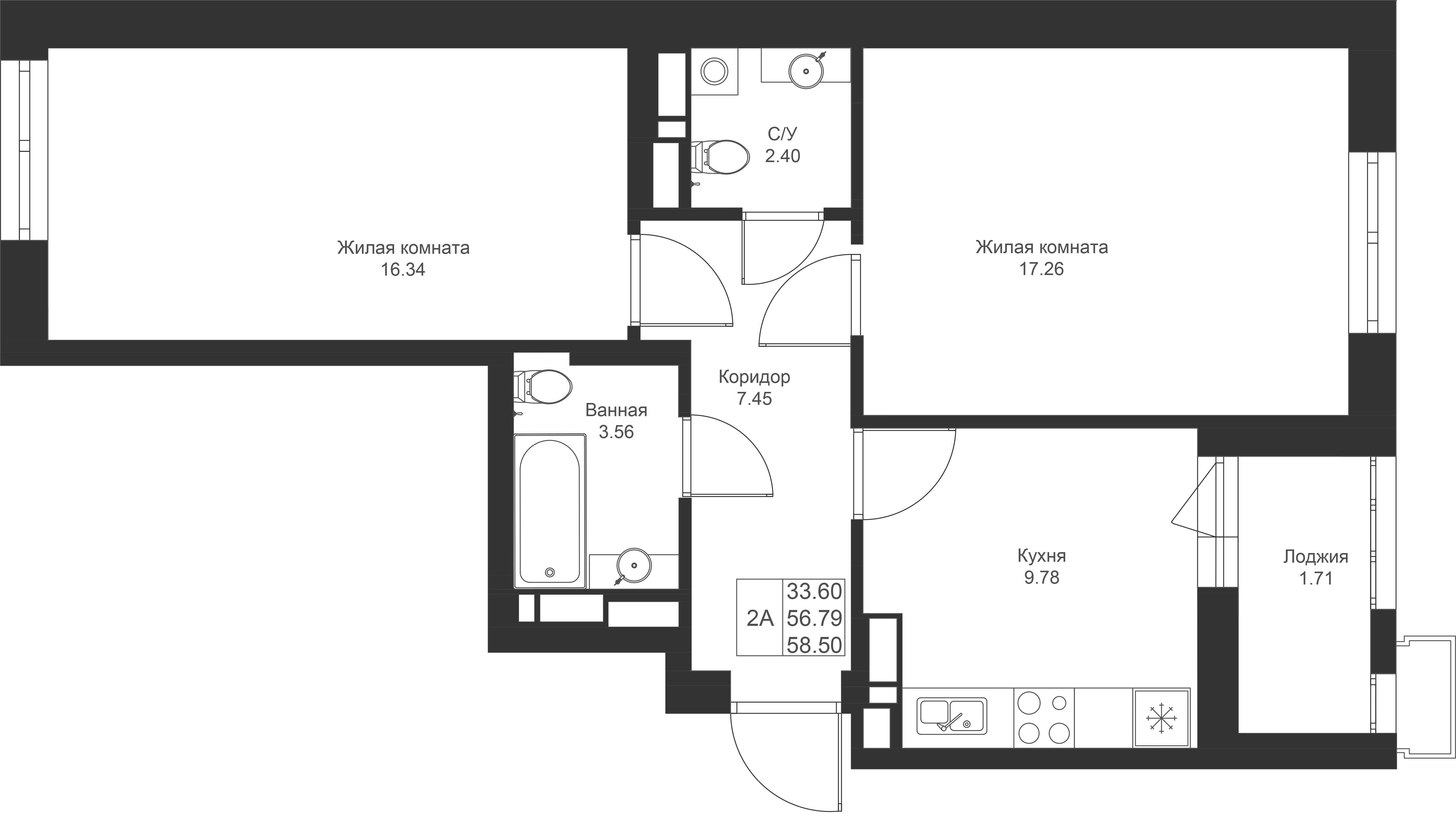 2-комнатная 58 м2 в ЖК Солнечный город корпус null этаж 6