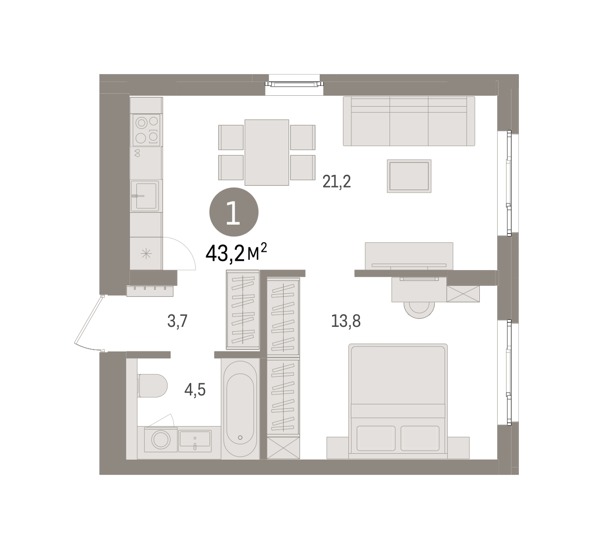 1-комнатная 43 м2 в ЖК Брусника в Новоселье корпус null этаж 2