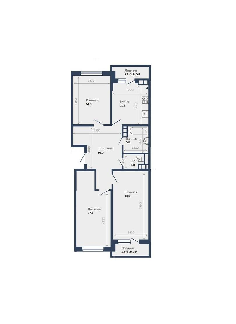 3-комнатная 83 м2 в ЖК undefined корпус null этаж 13