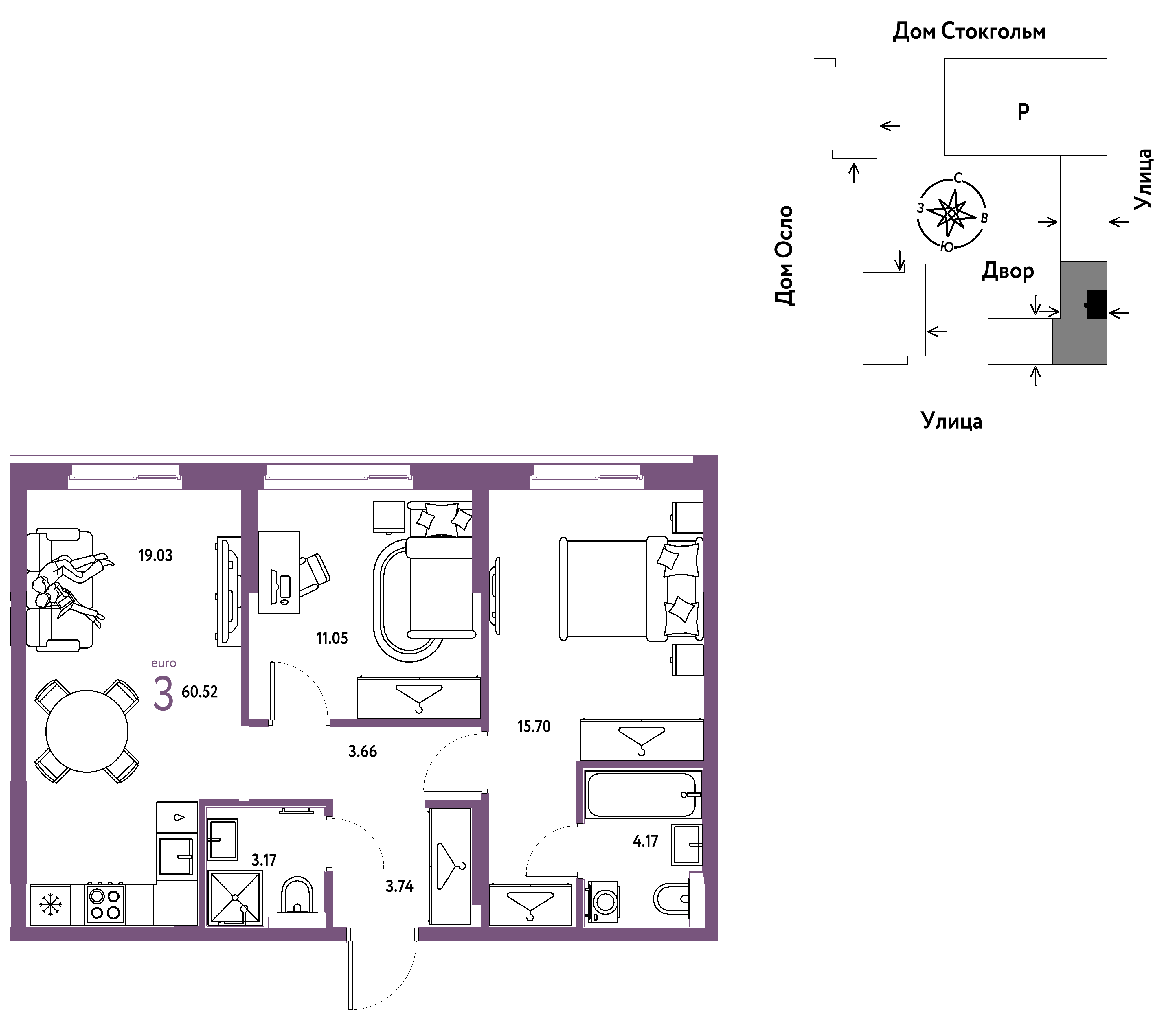 3-комнатная 60 м2 в ЖК Европейский берег 2.0 корпус null этаж 7