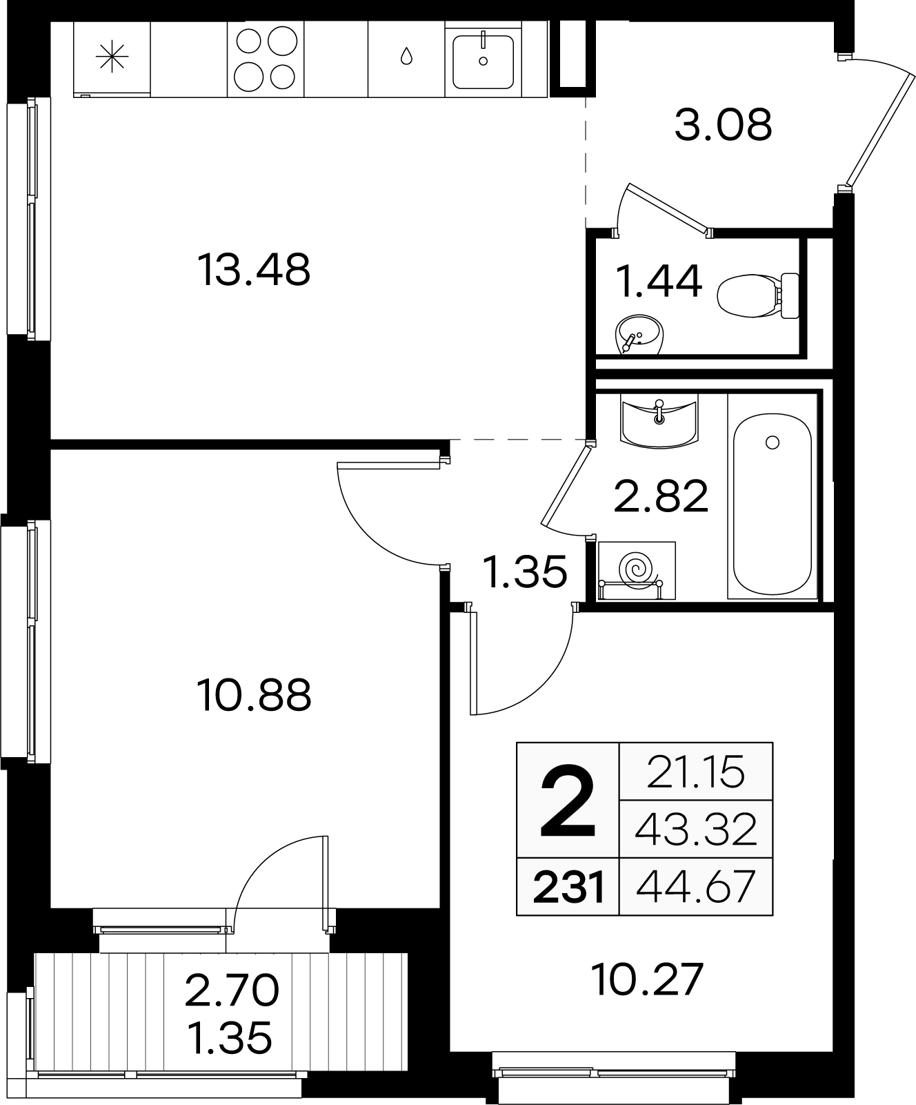 2-комнатная 44 м2 в ЖК Glorax Новинки корпус null этаж 2
