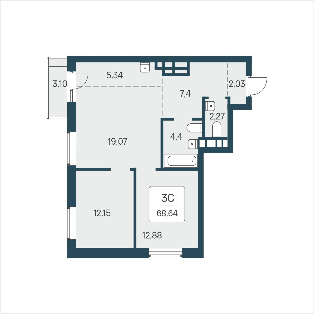 3-комнатная 68 м2 в ЖК Расцветай в Солнечном корпус null этаж 8