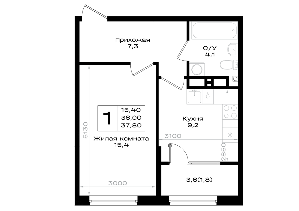 1-комнатная 37 м2 в ЖК Придонье корпус null этаж 7