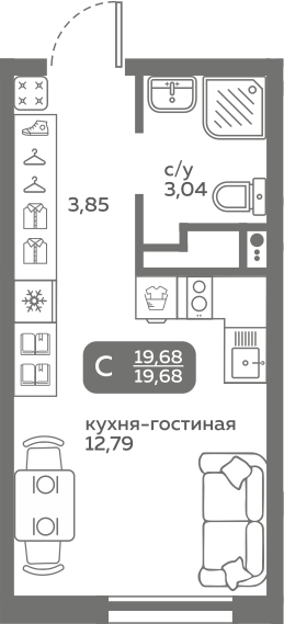 Студия 19 м2 в ЖК Меридиан Слобода корпус null этаж 5