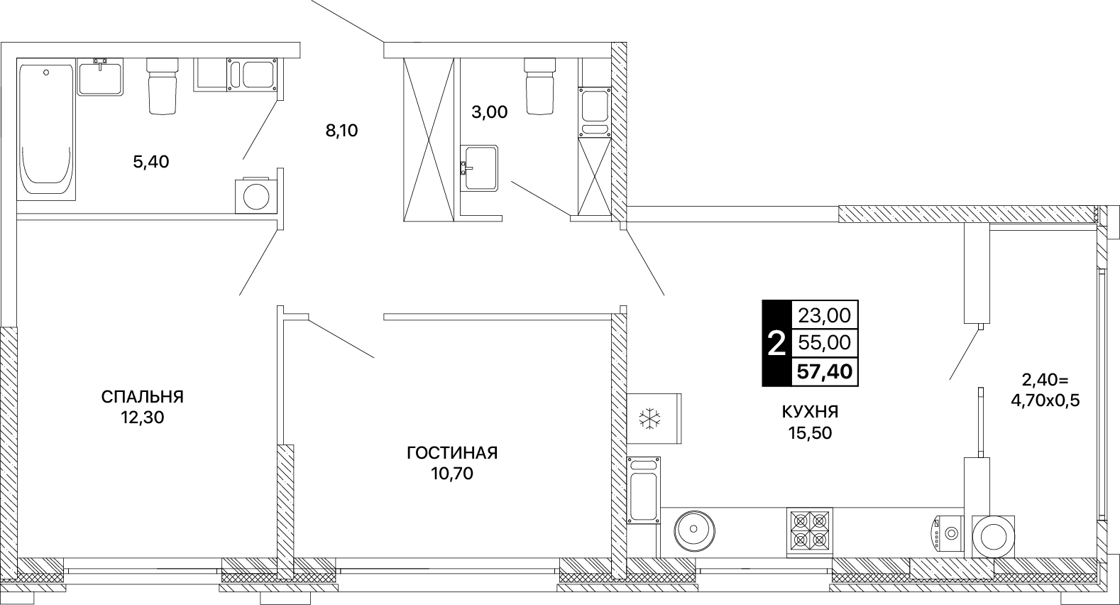 2-комнатная 57 м2 в ЖК Сияние корпус null этаж 12