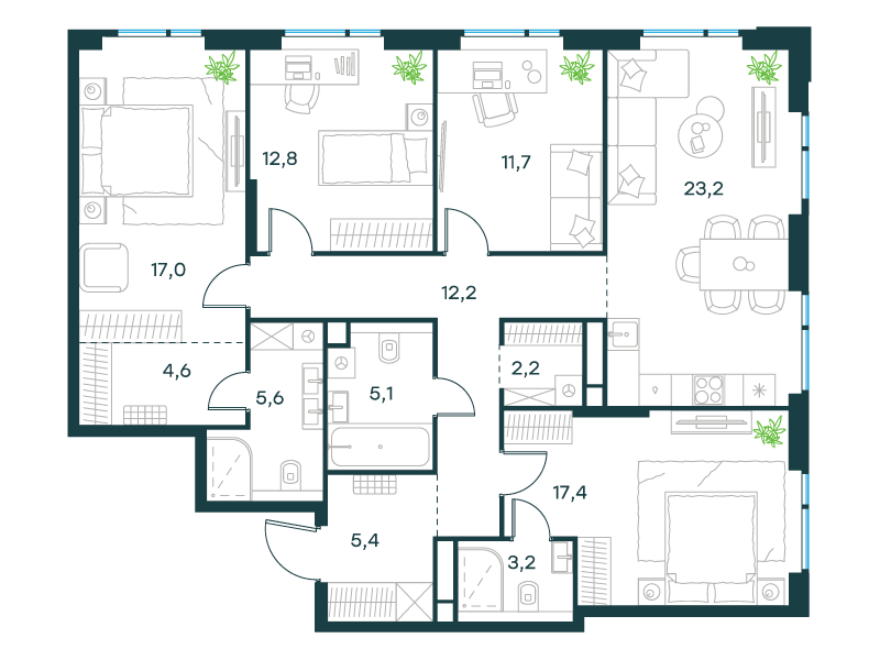 4-комнатная 120 м2 в ЖК Левел Войковская корпус null этаж 19