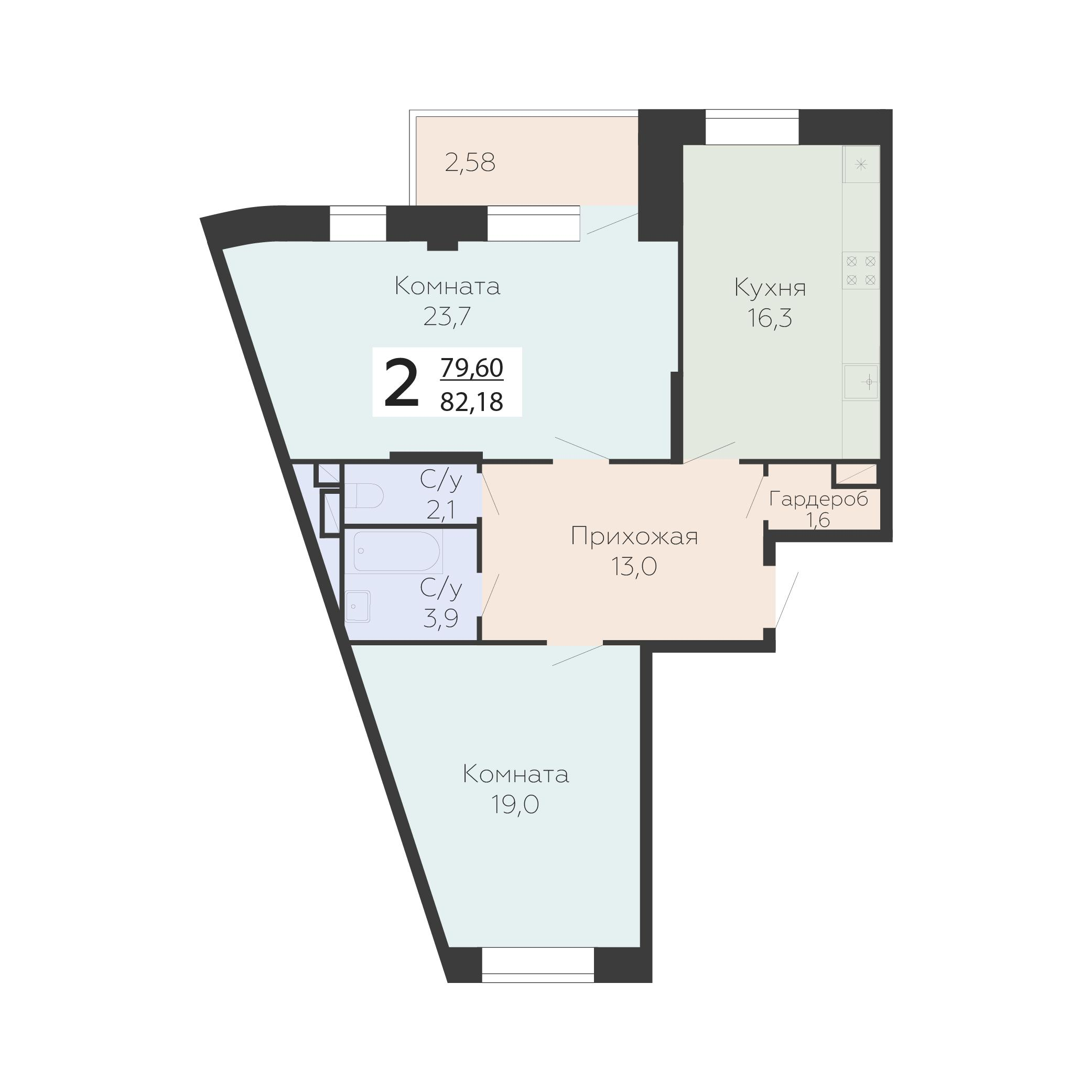 2-комнатная 82 м2 в ЖК Онегин корпус null этаж 12