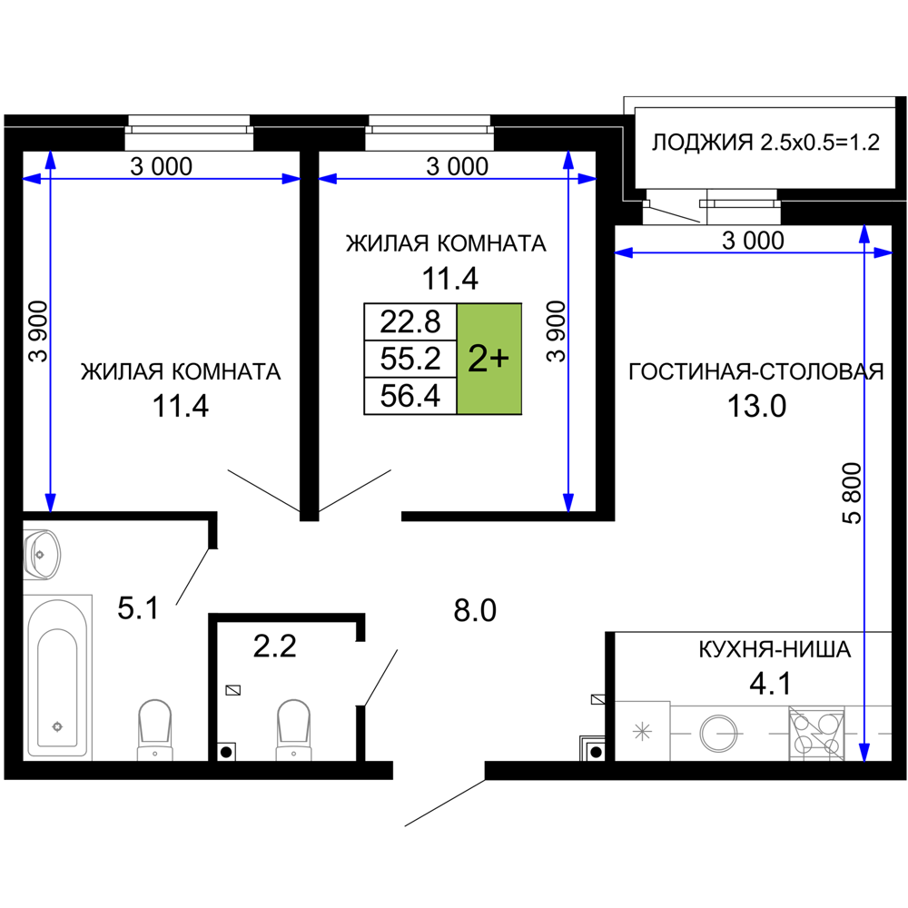 2-комнатная 57 м2 в ЖК Дыхание корпус null этаж 2