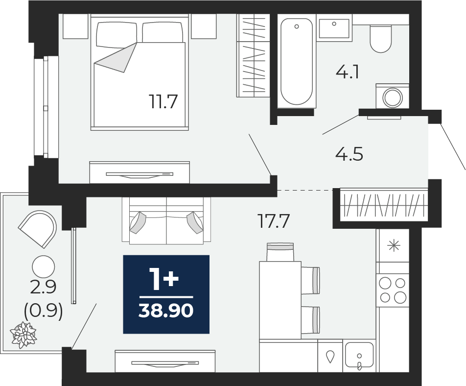 1-комнатная 38 м2 в ЖК Мириады корпус null этаж 14