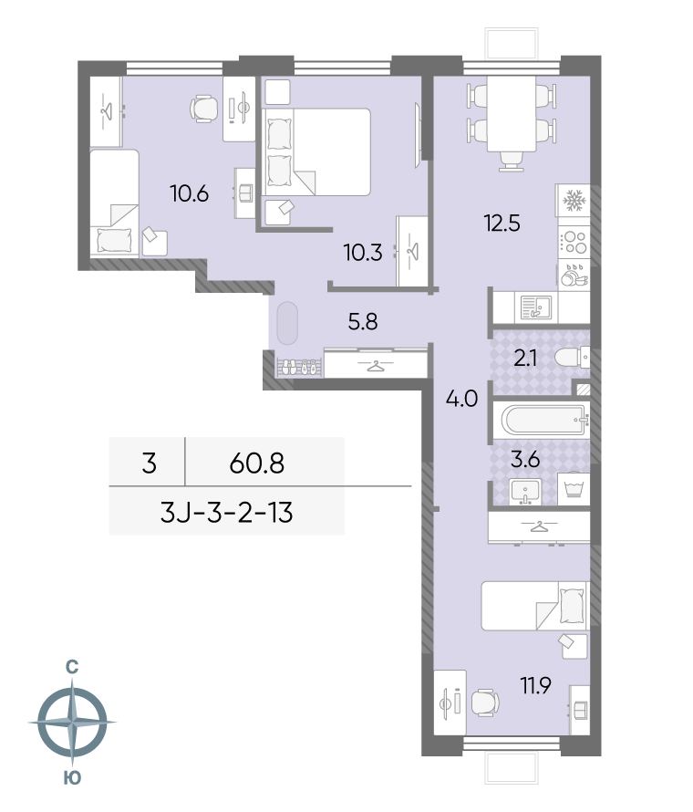3-комнатная 60 м2 в ЖК ЛУЧИ корпус null этаж 2