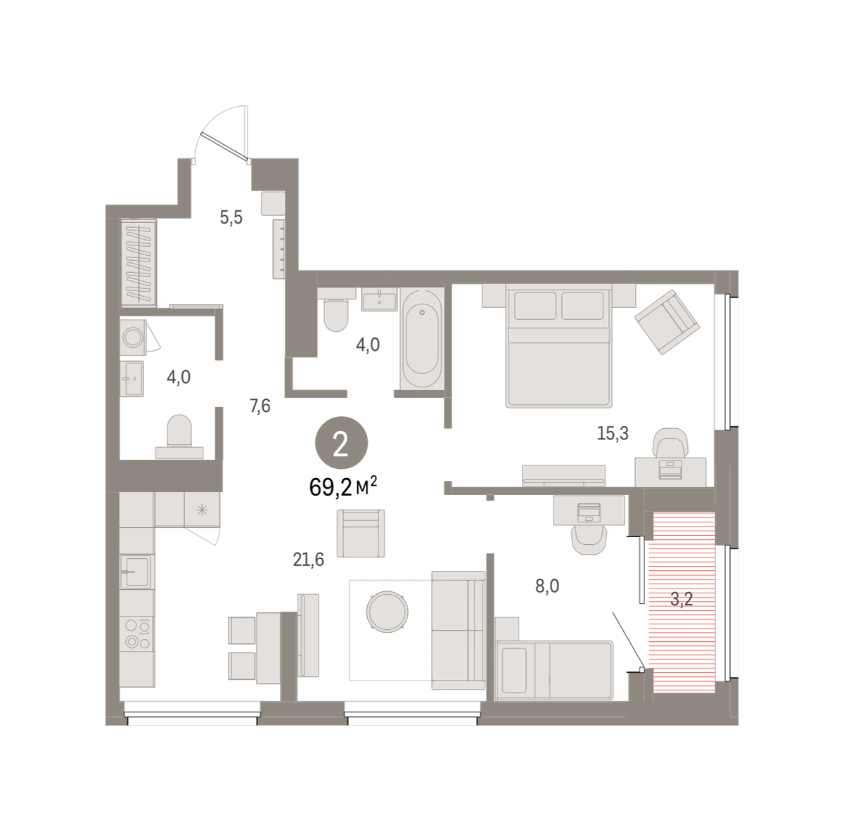 2-комнатная 69 м2 в ЖК Северный ветер корпус null этаж 12