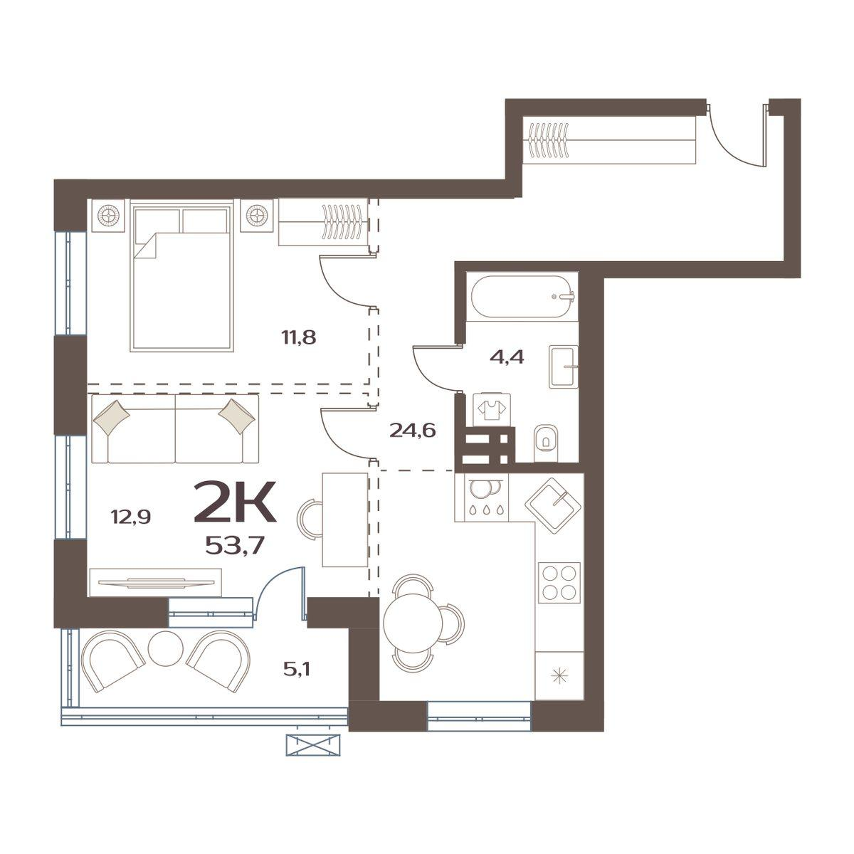 2-комнатная 53 м2 в ЖК Меридианы Улисса корпус null этаж 18
