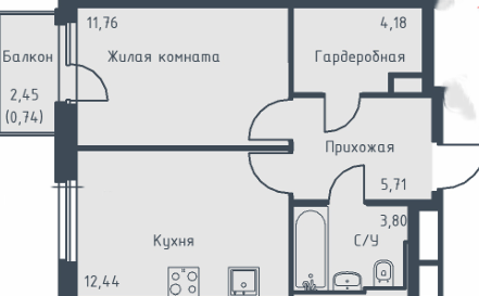 1-комнатная 38.6 м2 в ЖК undefined корпус null этаж 4