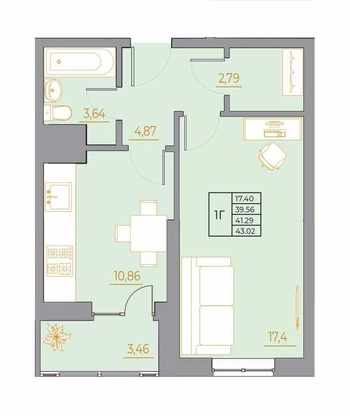 1-комнатная 43 м2 в ЖК Новый Горизонт корпус null этаж 3