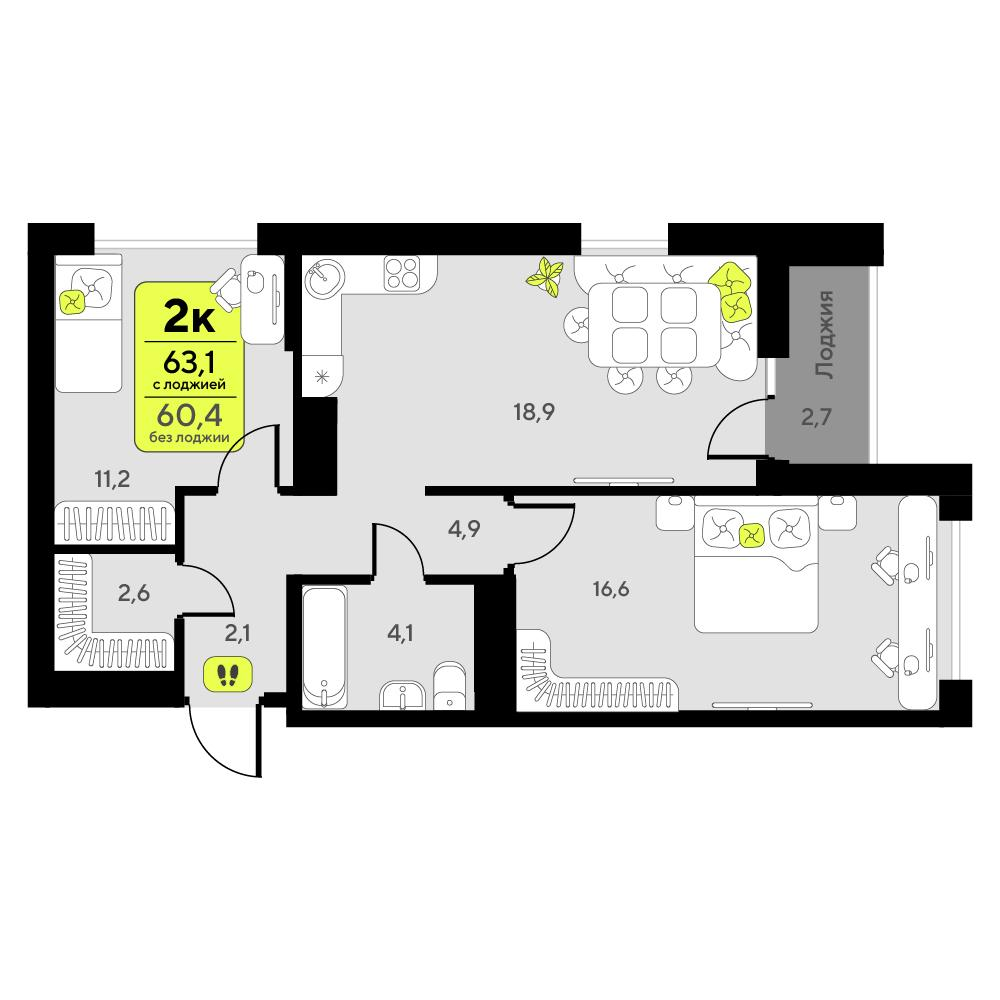 2-комнатная 63 м2 в ЖК Мотивы корпус null этаж 5