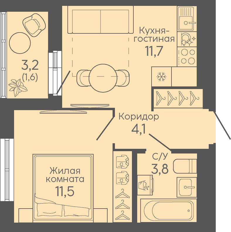 1-комнатная 32 м2 в ЖК Район «Новокольцовский» корпус null этаж 8