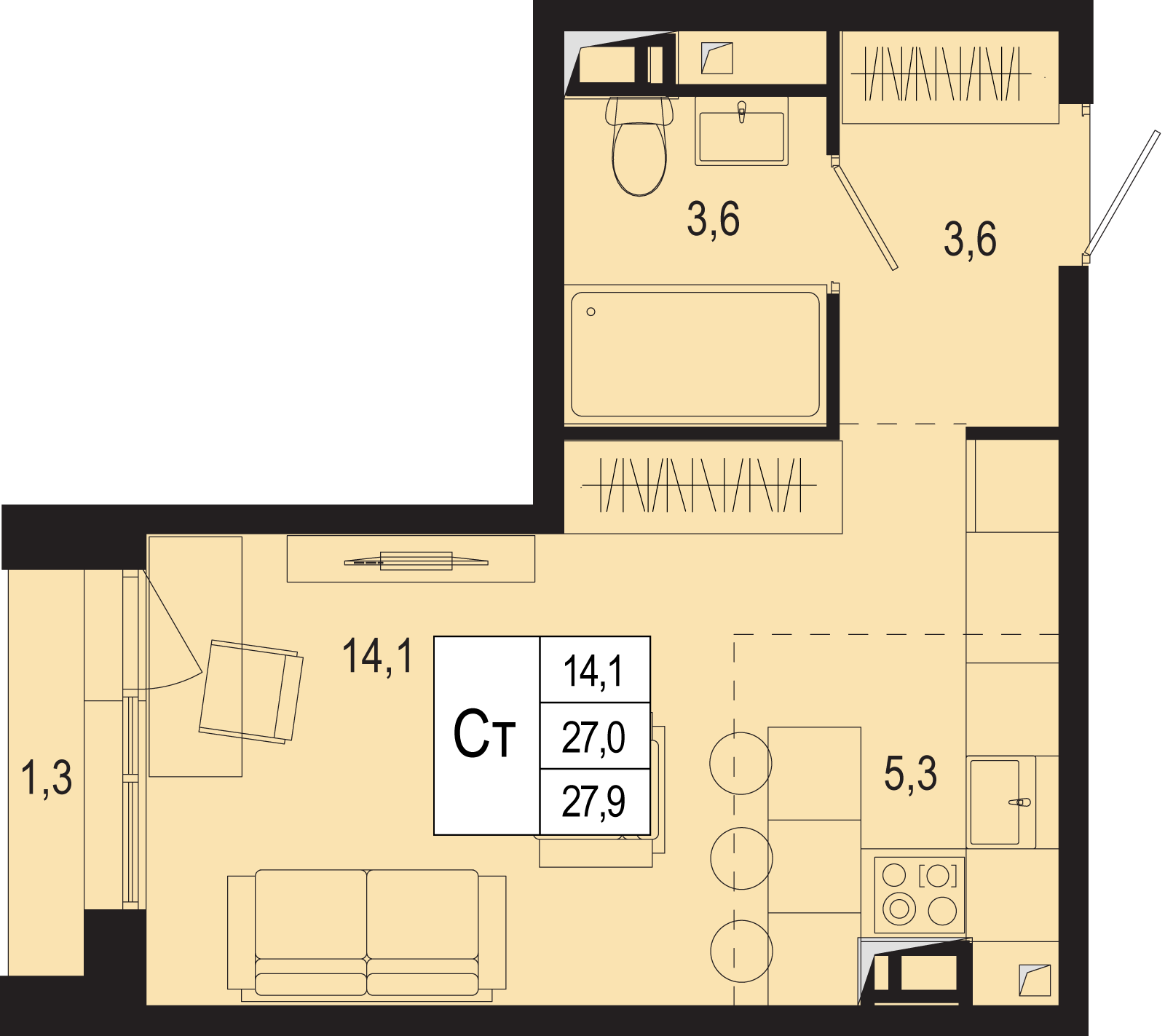 1-комнатная 27 м2 в ЖК Новая Щербинка корпус null этаж 3