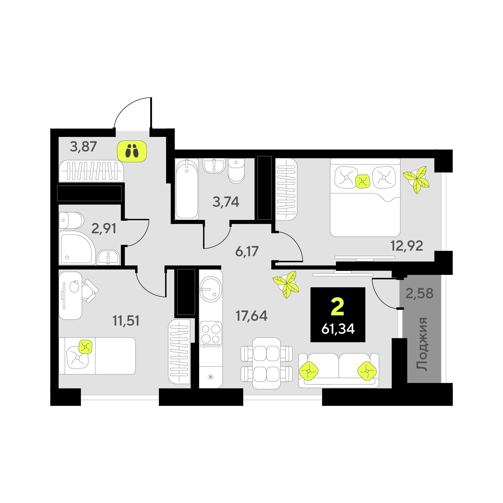 2-комнатная 61 м2 в ЖК Окинава корпус null этаж 13