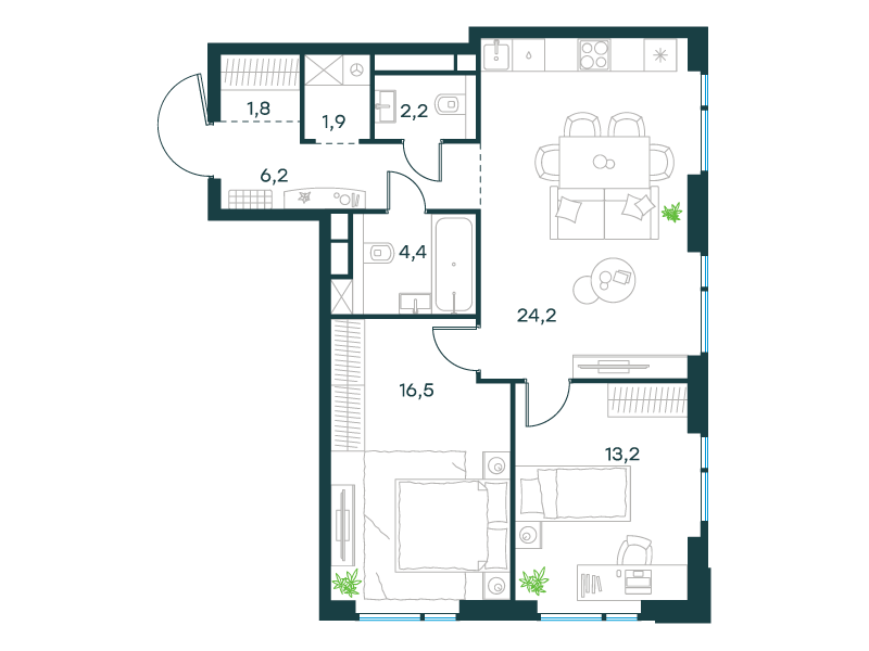 2-комнатная 70 м2 в ЖК Level Войковская корпус null этаж 10