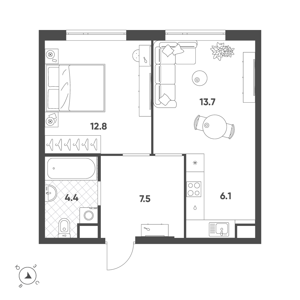 2-комнатная 44 м2 в ЖК Voxhall корпус null этаж 6
